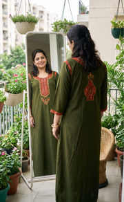 Mehndi Green Bhopali Embroidery Soft Cotton Long Sleeves Nighty. Soft Breathable Fabric | Laces and Frills - Laces and Frills
