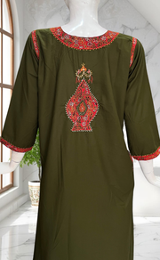 Mehndi Green Bhopali Embroidery Soft Cotton Long Sleeves Nighty. Soft Breathable Fabric | Laces and Frills - Laces and Frills
