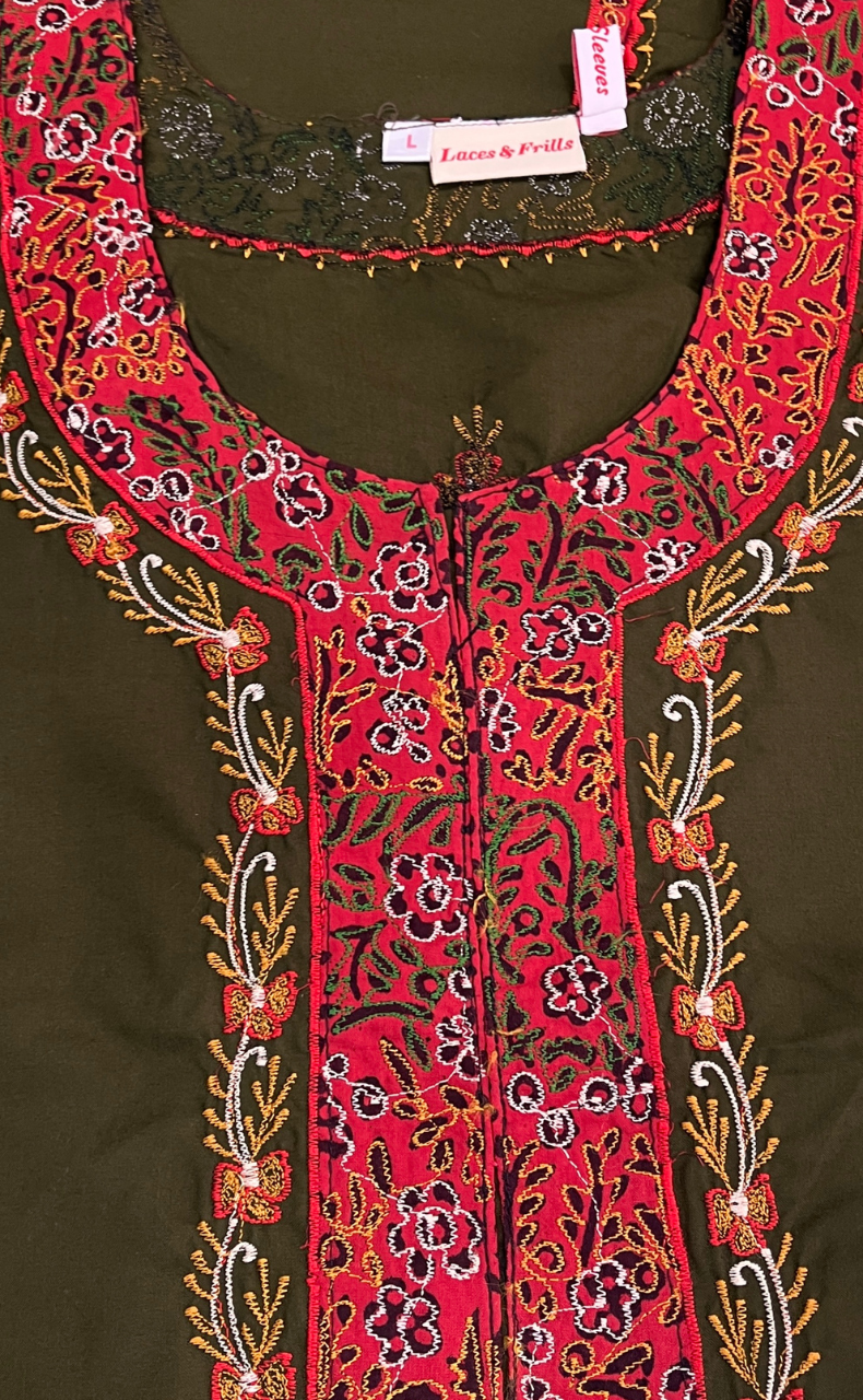 Mehndi Green Bhopali Embroidery Soft Cotton Long Sleeves Nighty. Soft Breathable Fabric | Laces and Frills - Laces and Frills