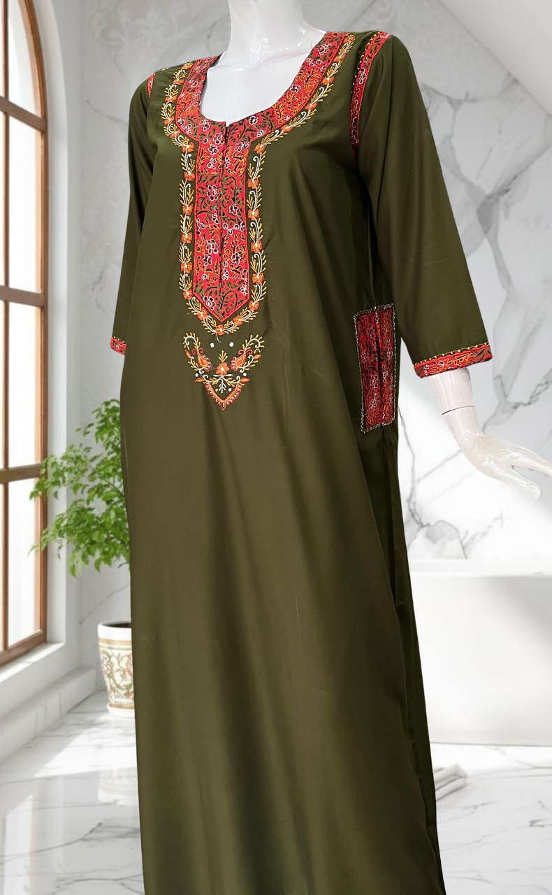 Mehndi Green Bhopali Embroidery Soft Cotton Long Sleeves Nighty. Soft Breathable Fabric | Laces and Frills - Laces and Frills