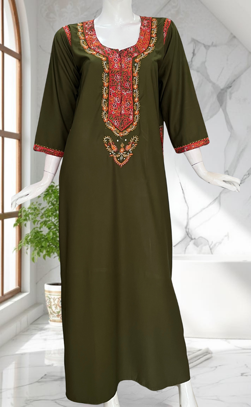 Mehndi Green Bhopali Embroidery Soft Cotton Long Sleeves Nighty. Soft Breathable Fabric | Laces and Frills - Laces and Frills