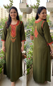 Mehndi Green Bhopali Embroidery Soft Cotton Long Sleeves Nighty. Soft Breathable Fabric | Laces and Frills - Laces and Frills