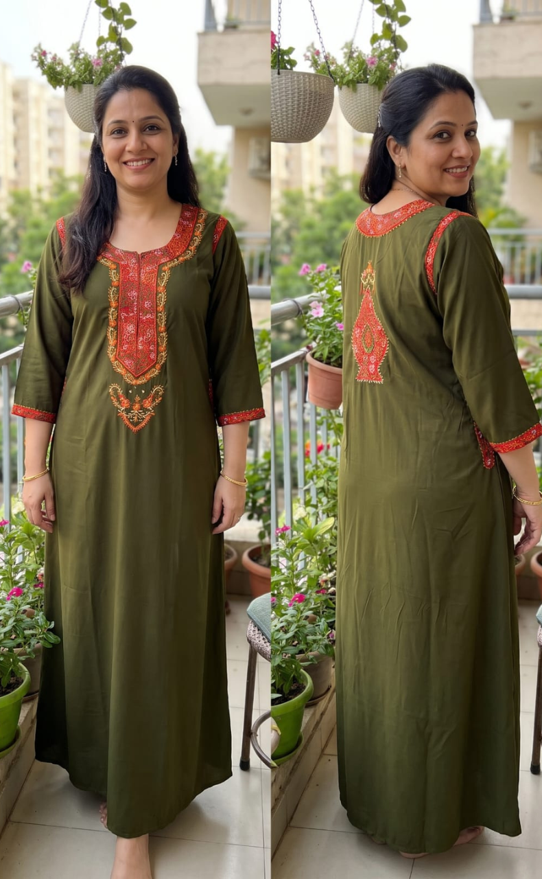 Mehndi Green Bhopali Embroidery Soft Cotton Long Sleeves Nighty. Soft Breathable Fabric | Laces and Frills - Laces and Frills