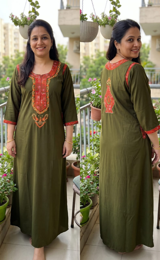 Mehndi Green Bhopali Embroidery Soft Cotton Long Sleeves Nighty. Soft Breathable Fabric | Laces and Frills - Laces and Frills