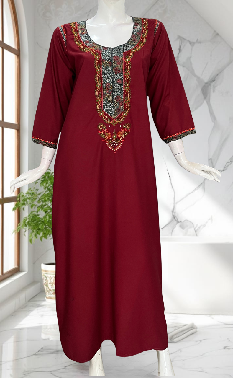 Maroon Bhopali Embroidery Soft Cotton Long Sleeves Nighty. Soft Breathable Fabric | Laces and Frills