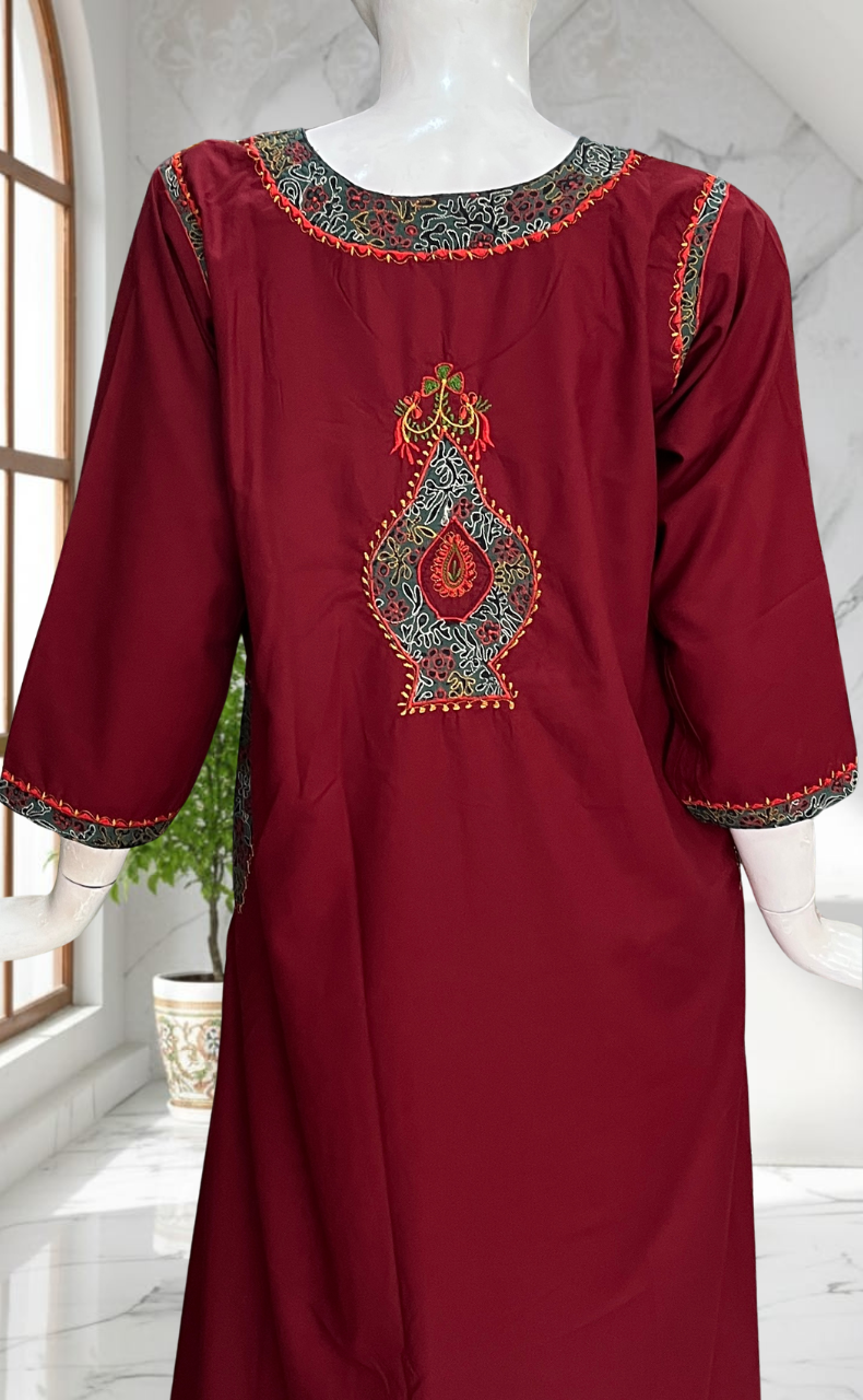 Maroon Bhopali Embroidery Soft Cotton Long Sleeves Nighty. Soft Breathable Fabric | Laces and Frills
