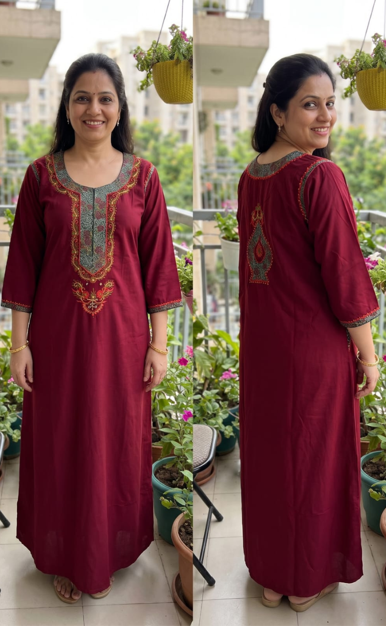 Maroon Bhopali Embroidery Soft Cotton Long Sleeves Nighty. Soft Breathable Fabric | Laces and Frills