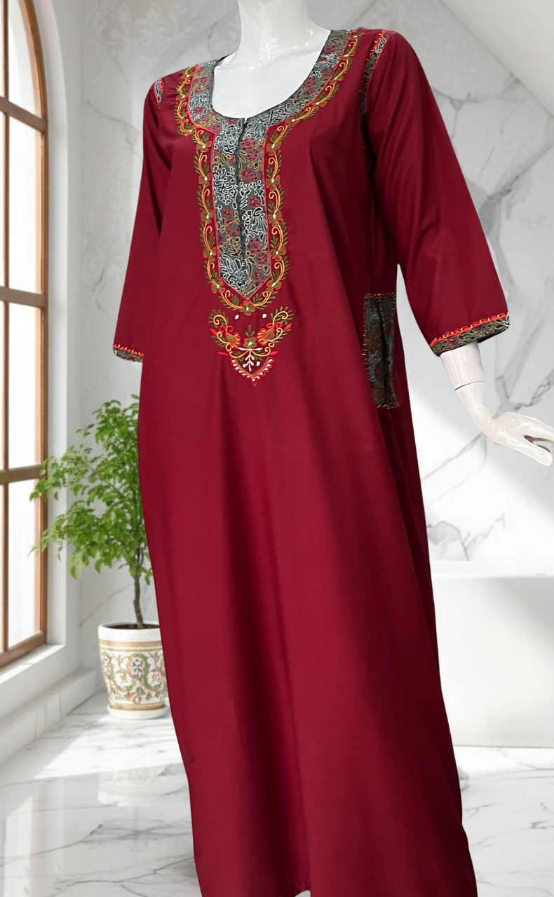 Maroon Bhopali Embroidery Soft Cotton Long Sleeves Nighty. Soft Breathable Fabric | Laces and Frills