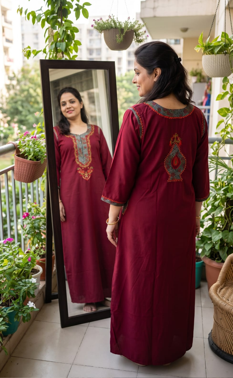 Maroon Bhopali Embroidery Soft Cotton Long Sleeves Nighty. Soft Breathable Fabric | Laces and Frills