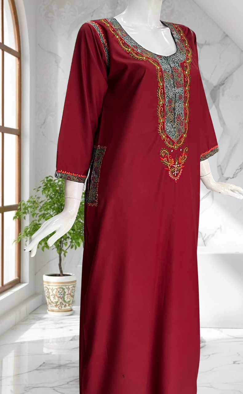 Maroon Bhopali Embroidery Soft Cotton Long Sleeves Nighty. Soft Breathable Fabric | Laces and Frills