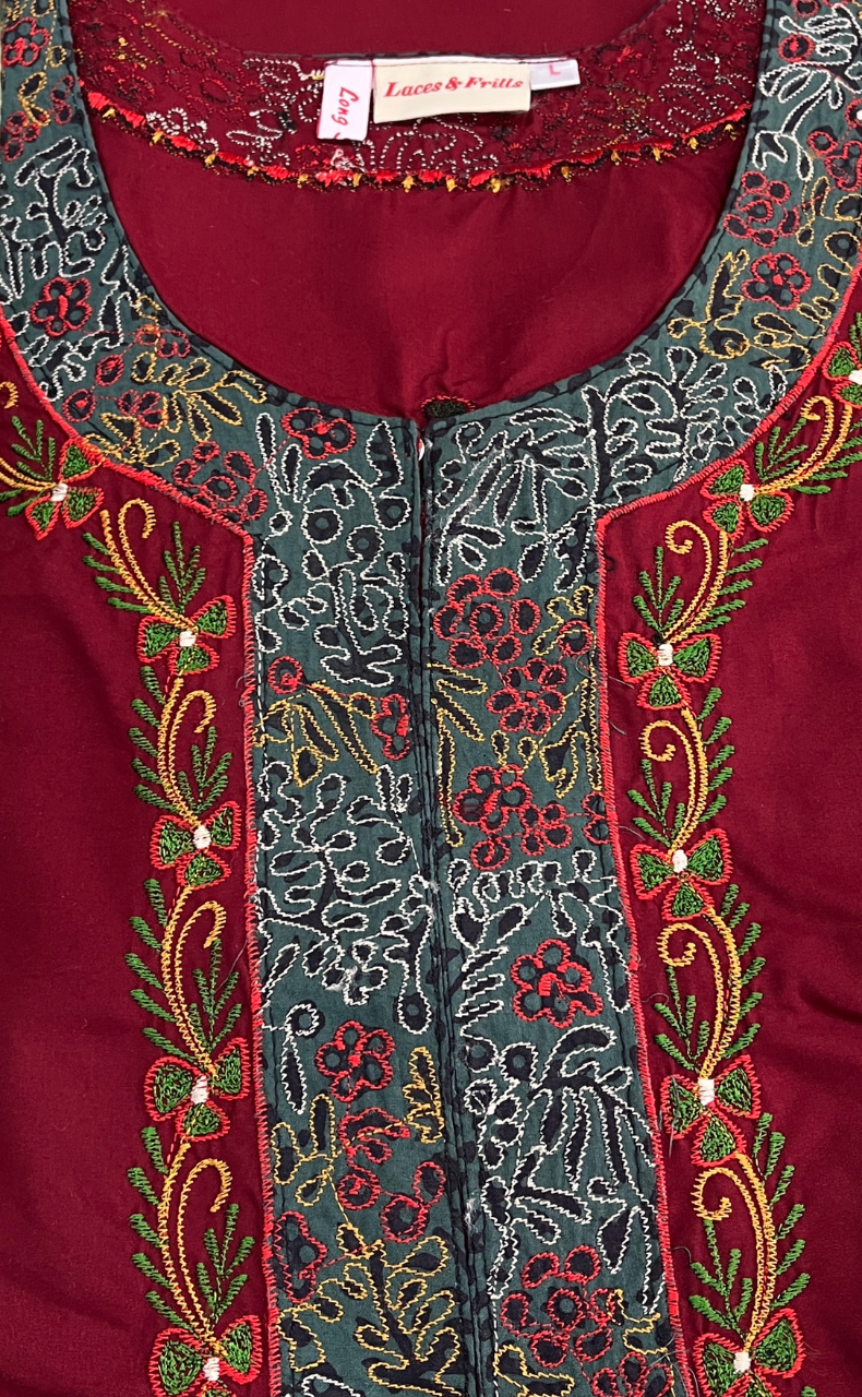 Maroon Bhopali Embroidery Soft Cotton Long Sleeves Nighty. Soft Breathable Fabric | Laces and Frills