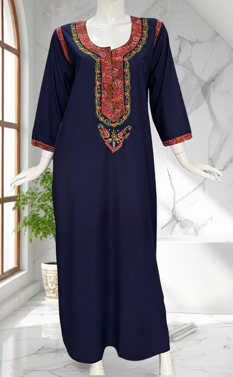 Navy Blue Bhopali Embroidery Soft Cotton Long Sleeves Nighty. Soft Breathable Fabric | Laces and Frills