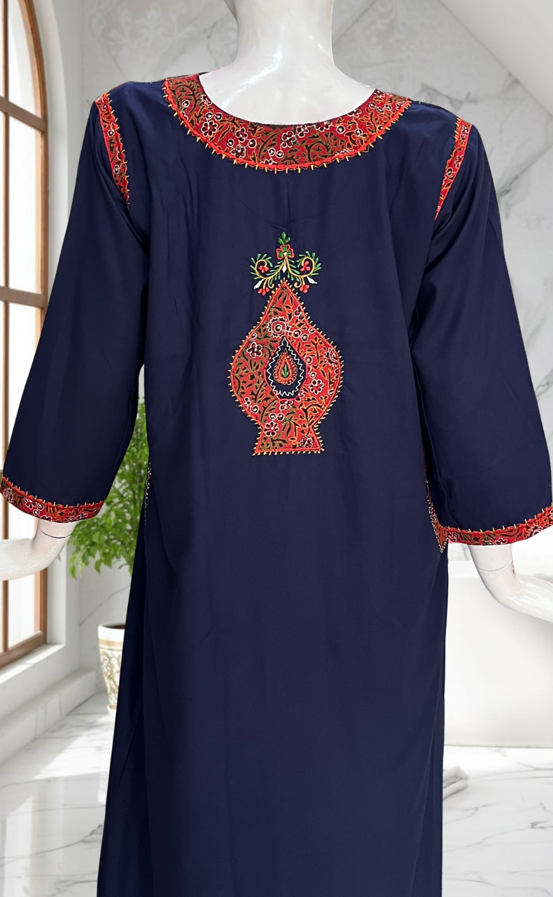 Navy Blue Bhopali Embroidery Soft Cotton Long Sleeves Nighty. Soft Breathable Fabric | Laces and Frills
