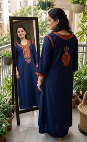 Navy Blue Bhopali Embroidery Soft Cotton Long Sleeves Nighty. Soft Breathable Fabric | Laces and Frills - Laces and Frills