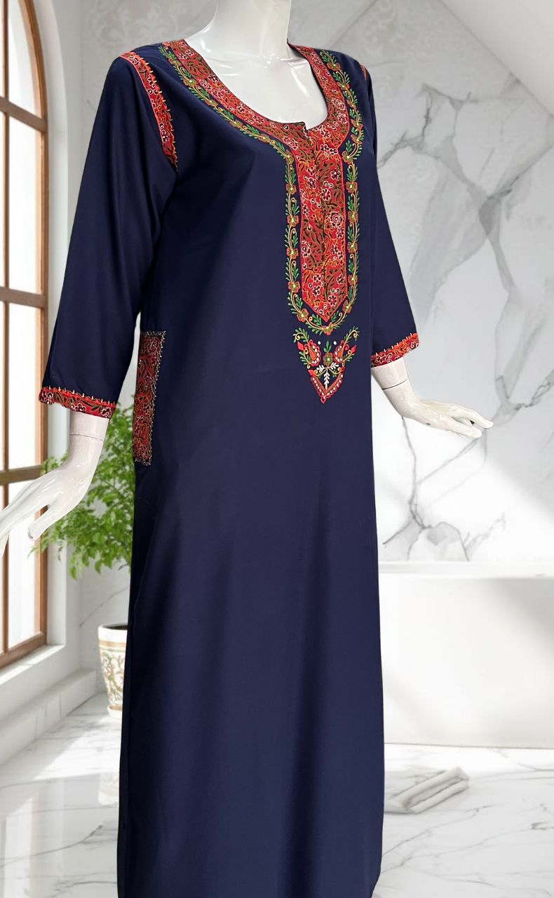 Navy Blue Bhopali Embroidery Soft Cotton Long Sleeves Nighty. Soft Breathable Fabric | Laces and Frills