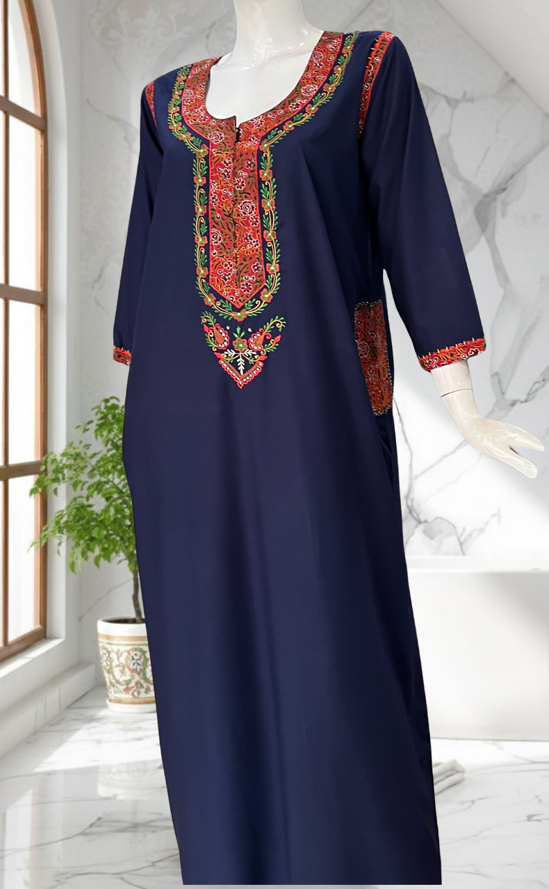 Navy Blue Bhopali Embroidery Soft Cotton Long Sleeves Nighty. Soft Breathable Fabric | Laces and Frills