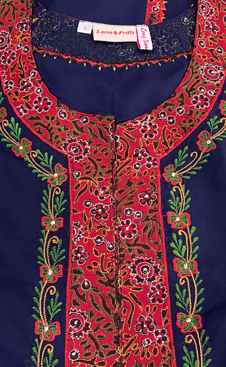 Navy Blue Bhopali Embroidery Soft Cotton Long Sleeves Nighty. Soft Breathable Fabric | Laces and Frills