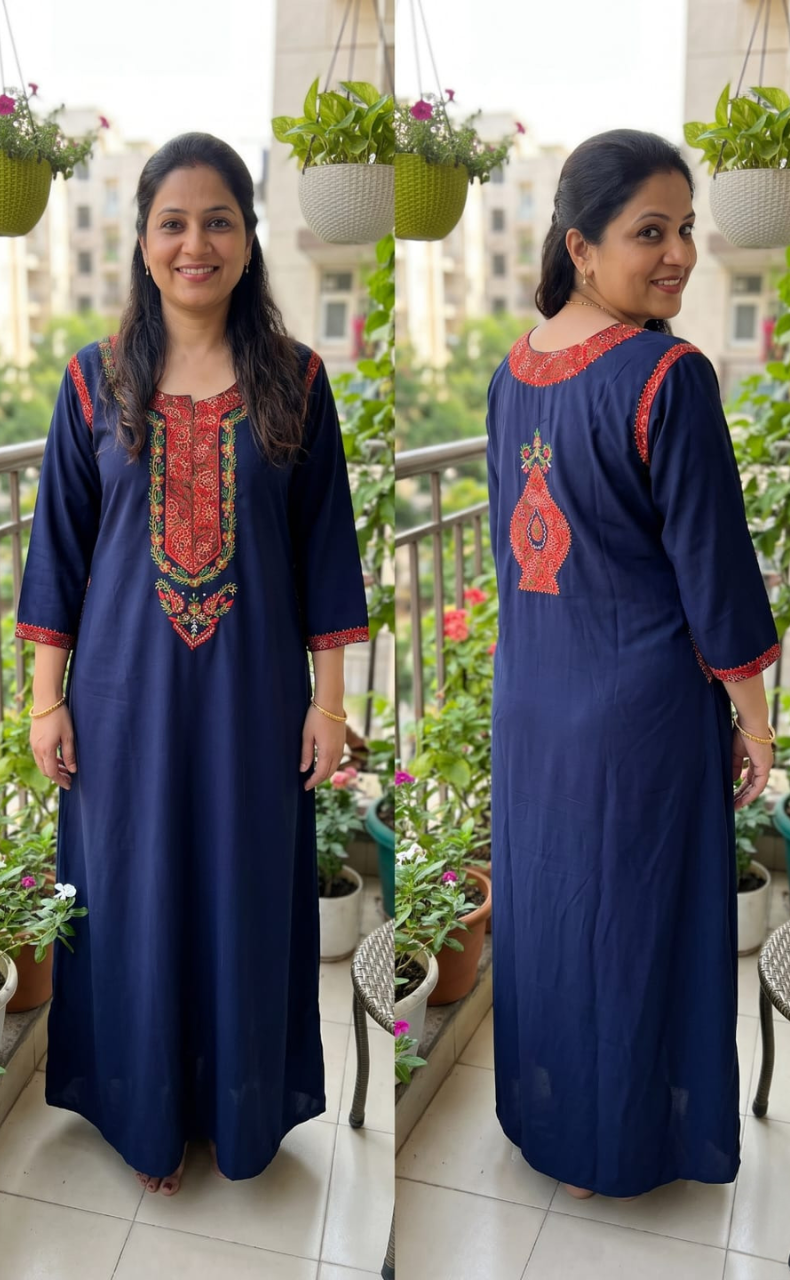 Navy Blue Bhopali Embroidery Soft Cotton Long Sleeves Nighty. Soft Breathable Fabric | Laces and Frills