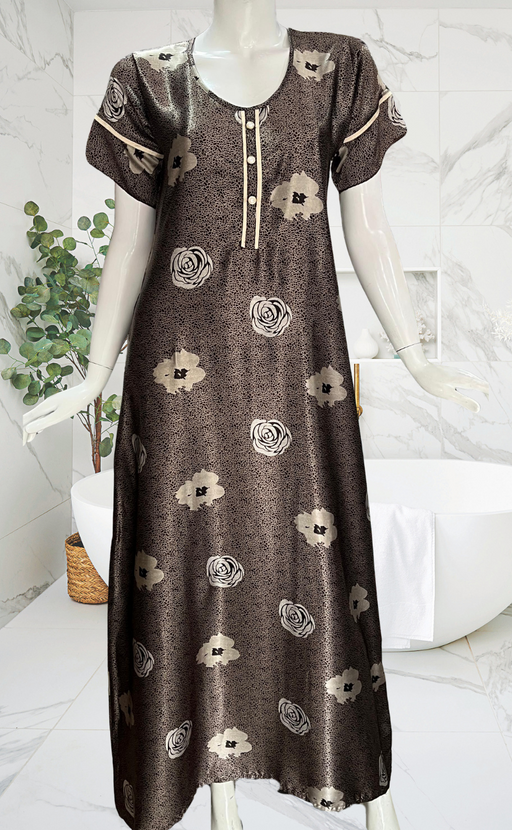 Brown Floral Satin Nighty. Soft Silky Satin | Laces and Frills - Laces and Frills