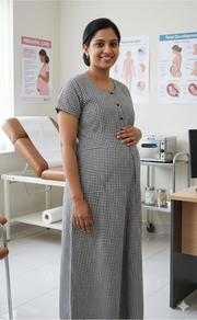 Black Checks Soft Cotton Feeding Nursing Nighty. Soft Breathable Fabric | Laces and Frills - Laces and Frills