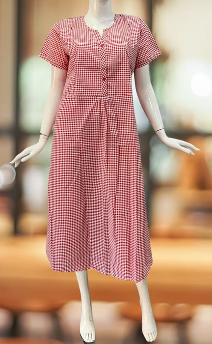 Red/White Checks Soft Cotton  Feeding Medium Nighty . Soft Breathable Fabric | Laces and Frills - Laces and Frills