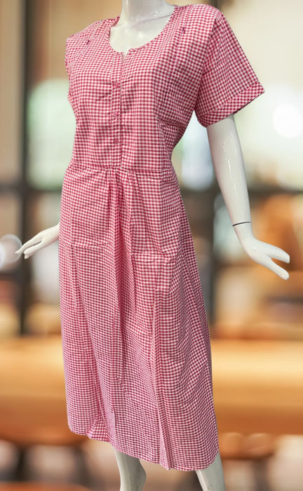 Pink/White Checks Soft Cotton Feeding XL Nighty . Soft Breathable Fabric | Laces and Frills - Laces and Frills