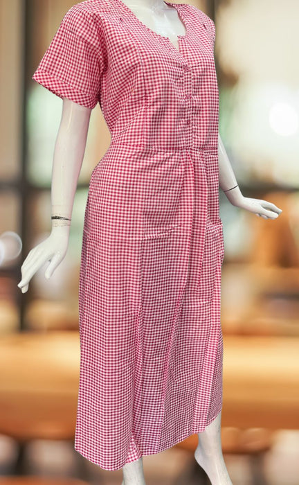 Pink/White Checks Soft Cotton Feeding XXL Nighty. Soft Breathable Fabric | Laces and Frills - Laces and Frills