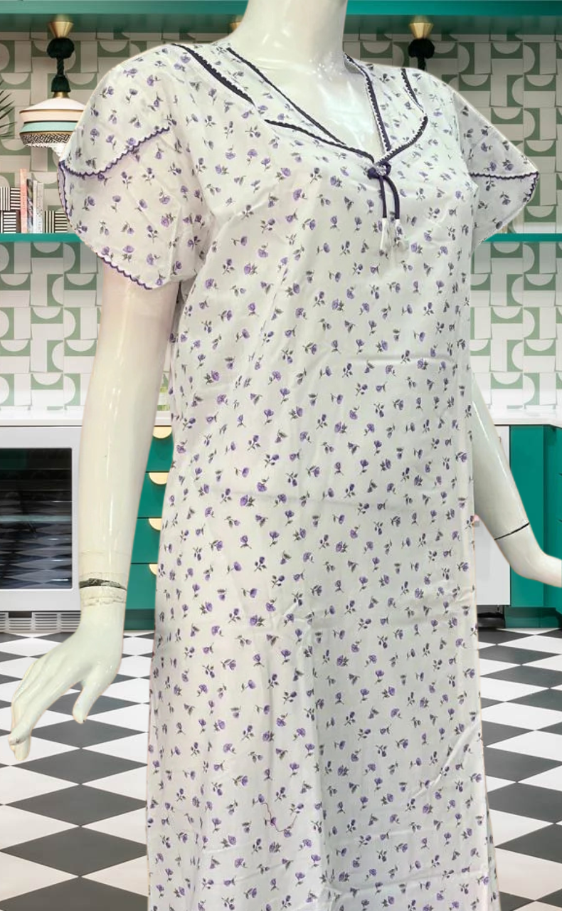 White/Lavender Floral Soft Cotton Nighty. Soft Breathable Fabric | Laces and Frills - Laces and Frills