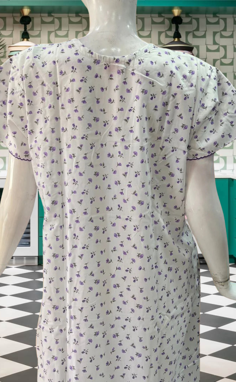 White/Lavender Floral Soft Cotton Nighty. Soft Breathable Fabric | Laces and Frills - Laces and Frills