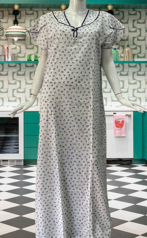 White/Lavender Floral Soft Cotton Nighty. Soft Breathable Fabric | Laces and Frills - Laces and Frills