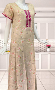 Beige Flora Rayon Nighty.  Flowy Rayon Fabric | Laces and Frills - Laces and Frills
