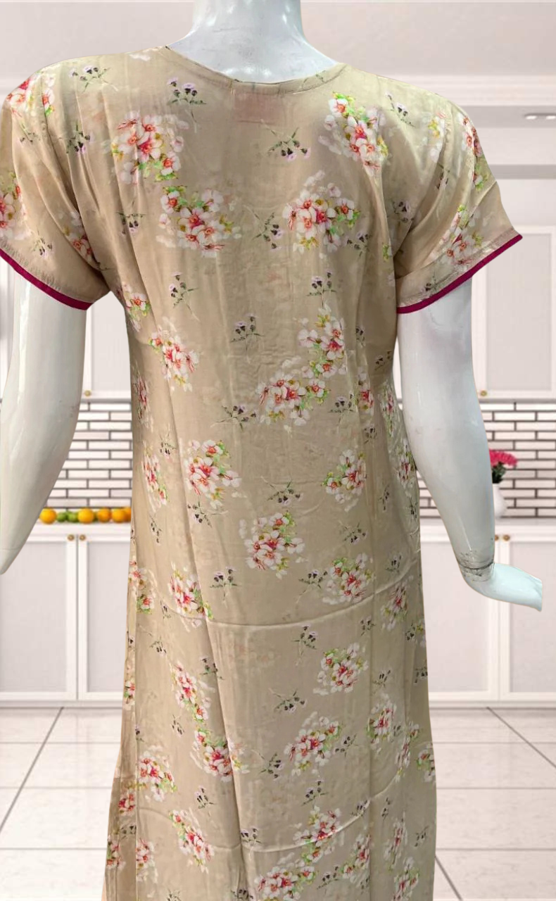 Beige Flora Rayon Nighty.  Flowy Rayon Fabric | Laces and Frills - Laces and Frills