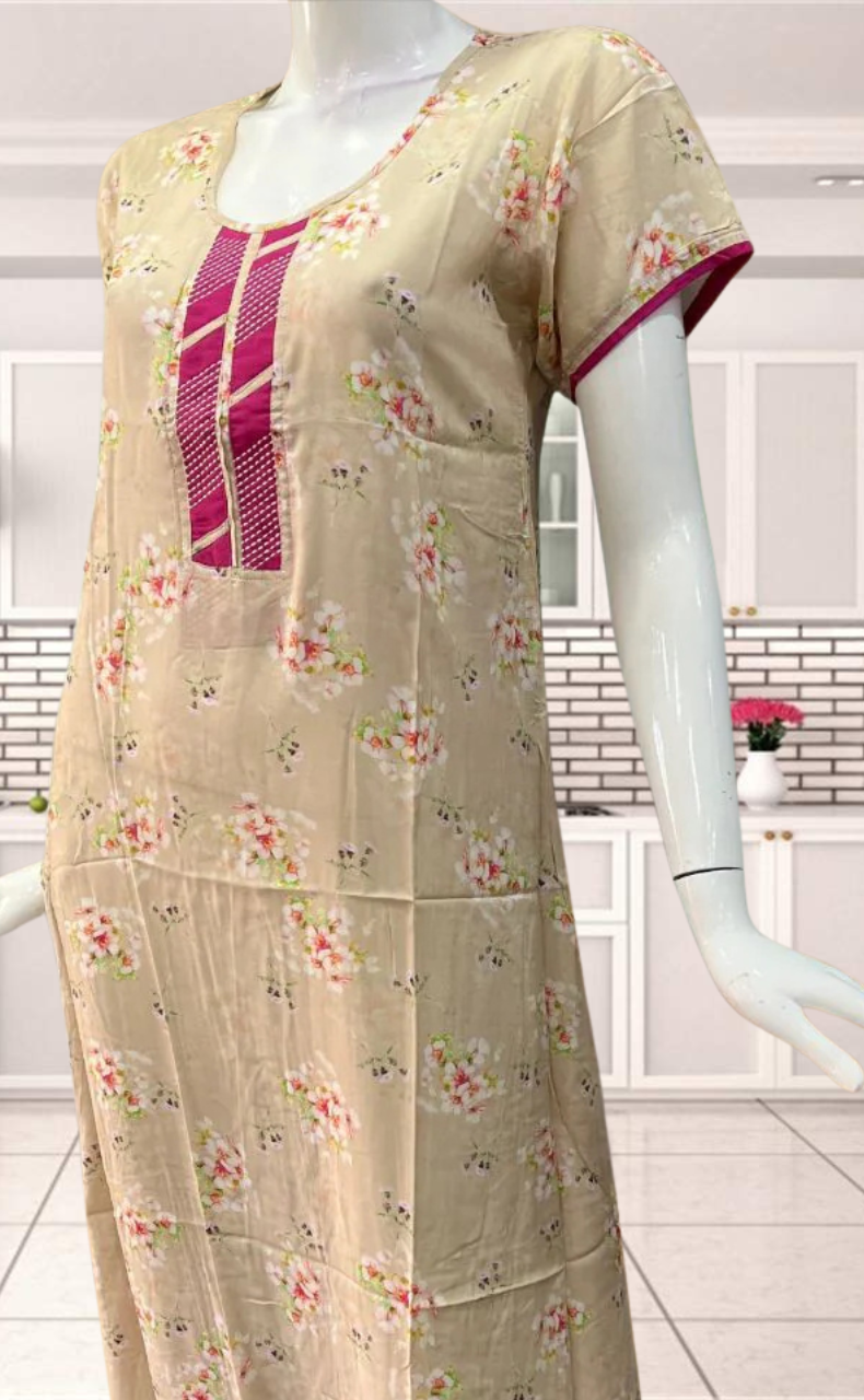 Beige Flora Rayon Nighty.  Flowy Rayon Fabric | Laces and Frills - Laces and Frills