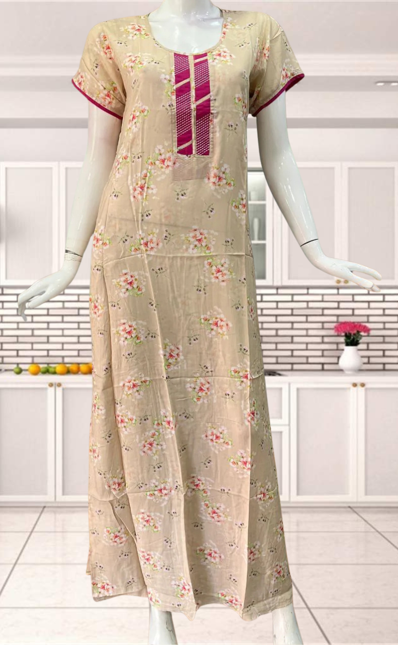 Beige Flora Rayon Nighty.  Flowy Rayon Fabric | Laces and Frills - Laces and Frills