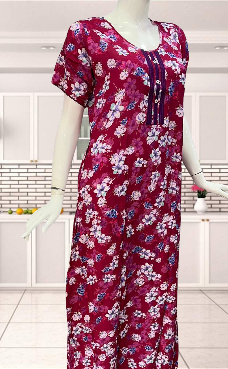 Plum Pink Flora Rayon Nighty.  Flowy Rayon Fabric | Laces and Frills - Laces and Frills