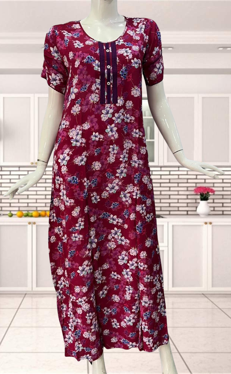 Plum Pink Flora Rayon Nighty.  Flowy Rayon Fabric | Laces and Frills - Laces and Frills