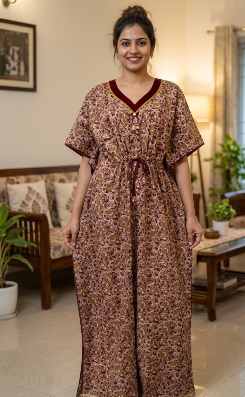 Maroon Floral Garden Pure Cotton Kaftan . Pure Durable Cotton | Laces and Frills