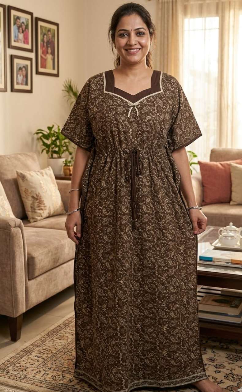 Brown Wild Garden Pure Cotton Kaftan .Pure Durable Cotton | Laces and Frills