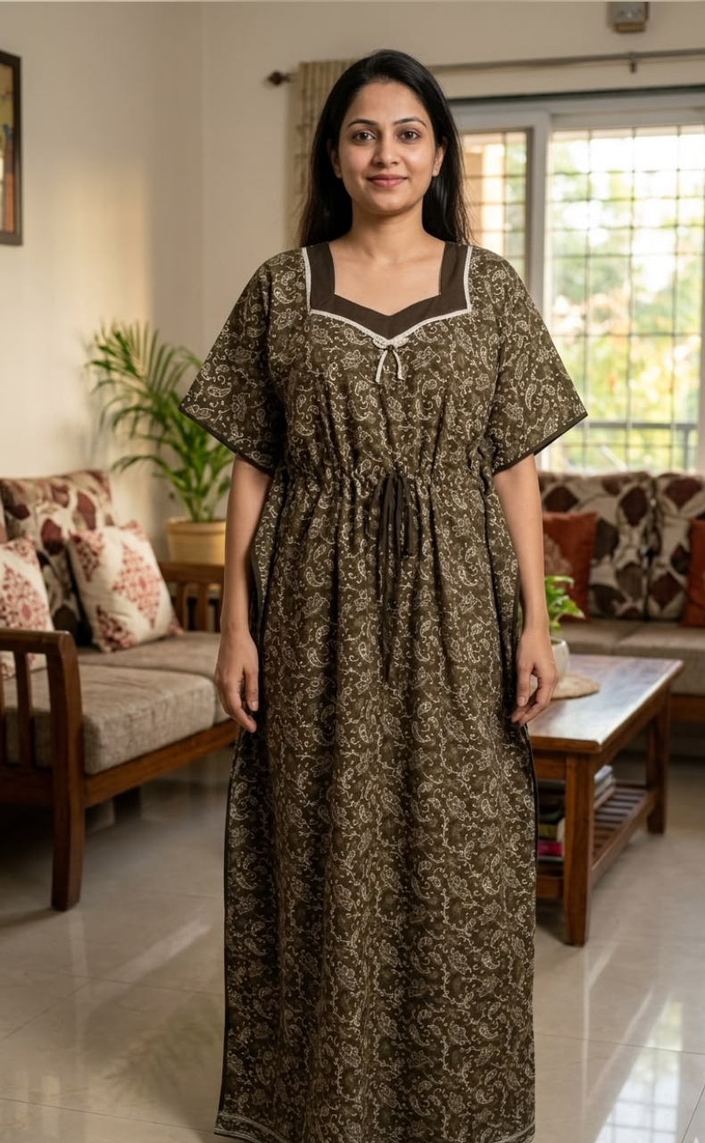 Brown Wild Garden Pure Cotton Kaftan .Pure Durable Cotton | Laces and Frills