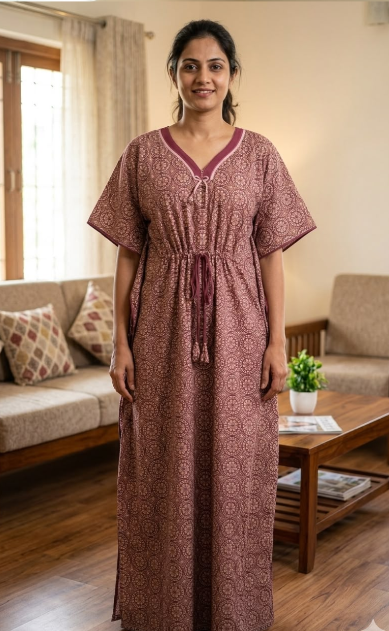 Maroon Chakra Pure Cotton Kaftan .Pure Durable Cotton | Laces and Frills