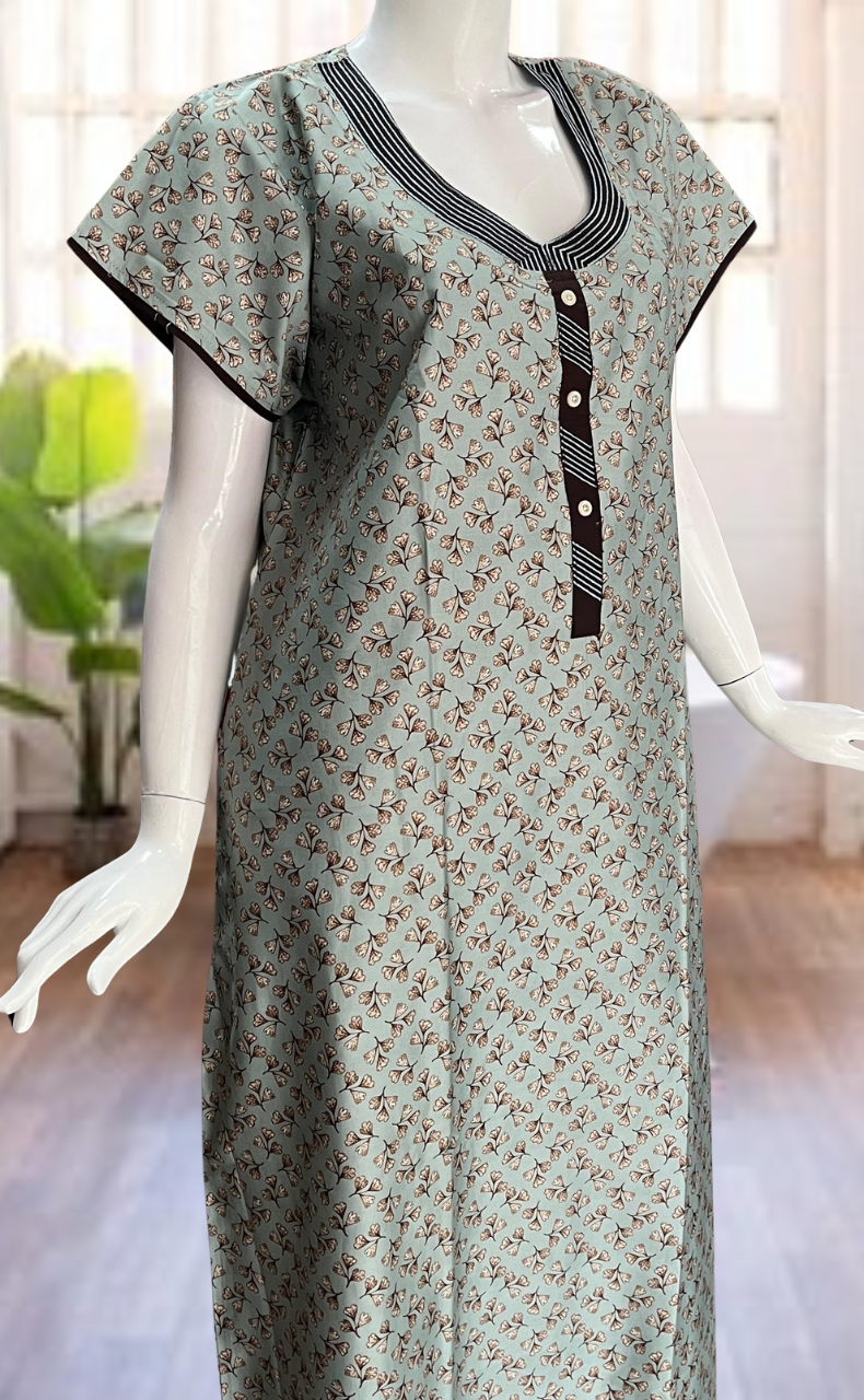 Light Green Leaves Satin Nighty. Soft Silky Satin | Laces and Frills - Laces and Frills