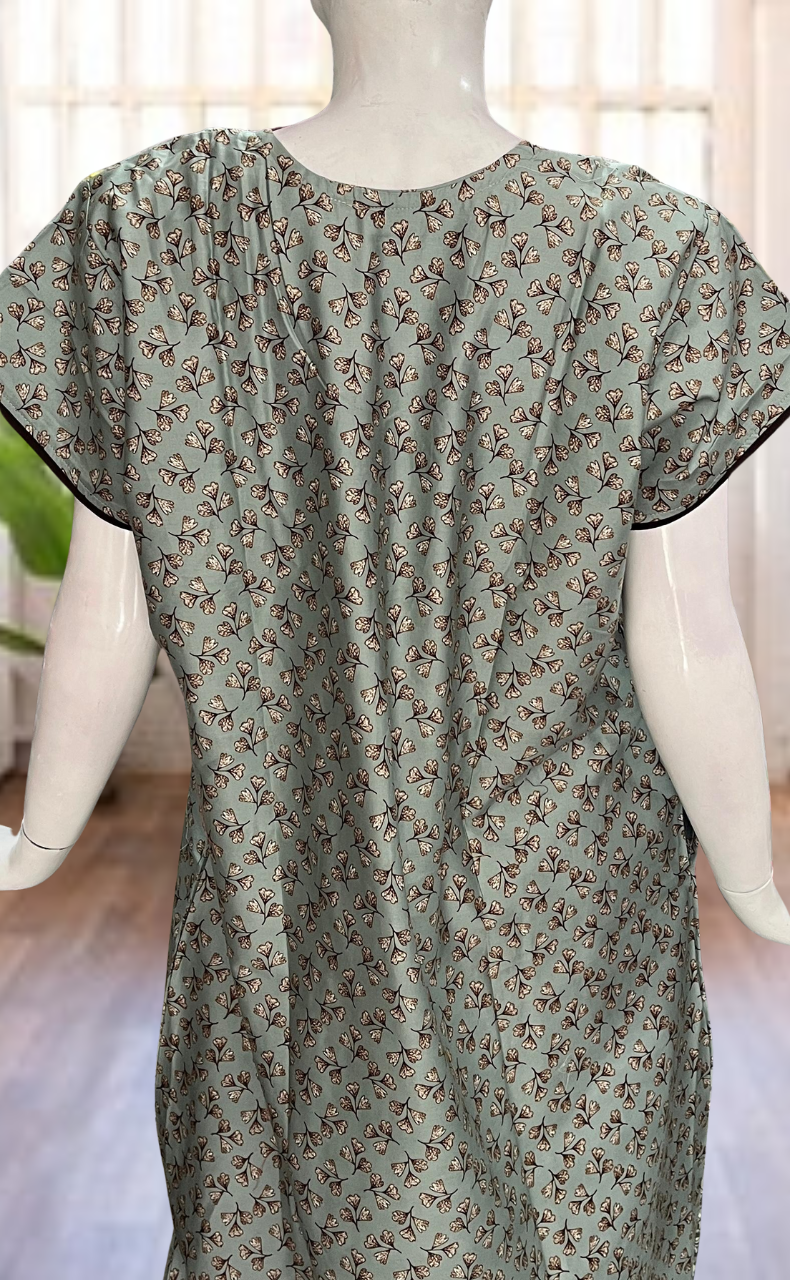 Light Green Leaves Satin Nighty. Soft Silky Satin | Laces and Frills - Laces and Frills