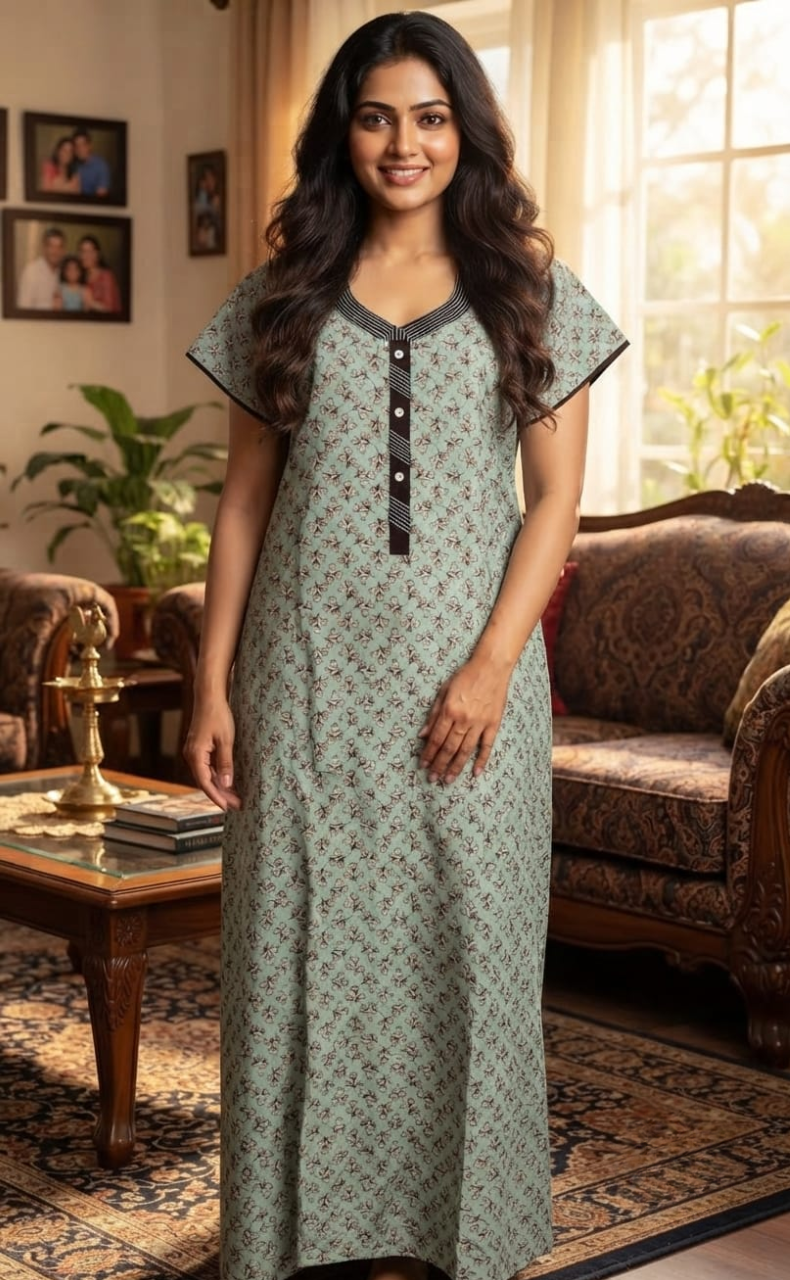 Light Green Leaves Satin Nighty. Soft Silky Satin | Laces and Frills