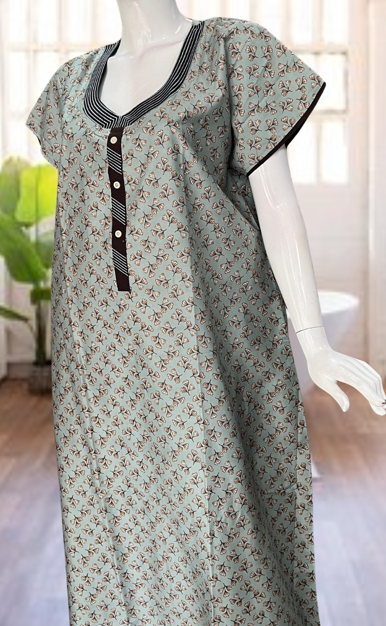 Light Green Leaves Satin Nighty. Soft Silky Satin | Laces and Frills - Laces and Frills