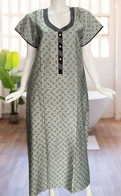 Light Green Leaves Satin Nighty. Soft Silky Satin | Laces and Frills - Laces and Frills