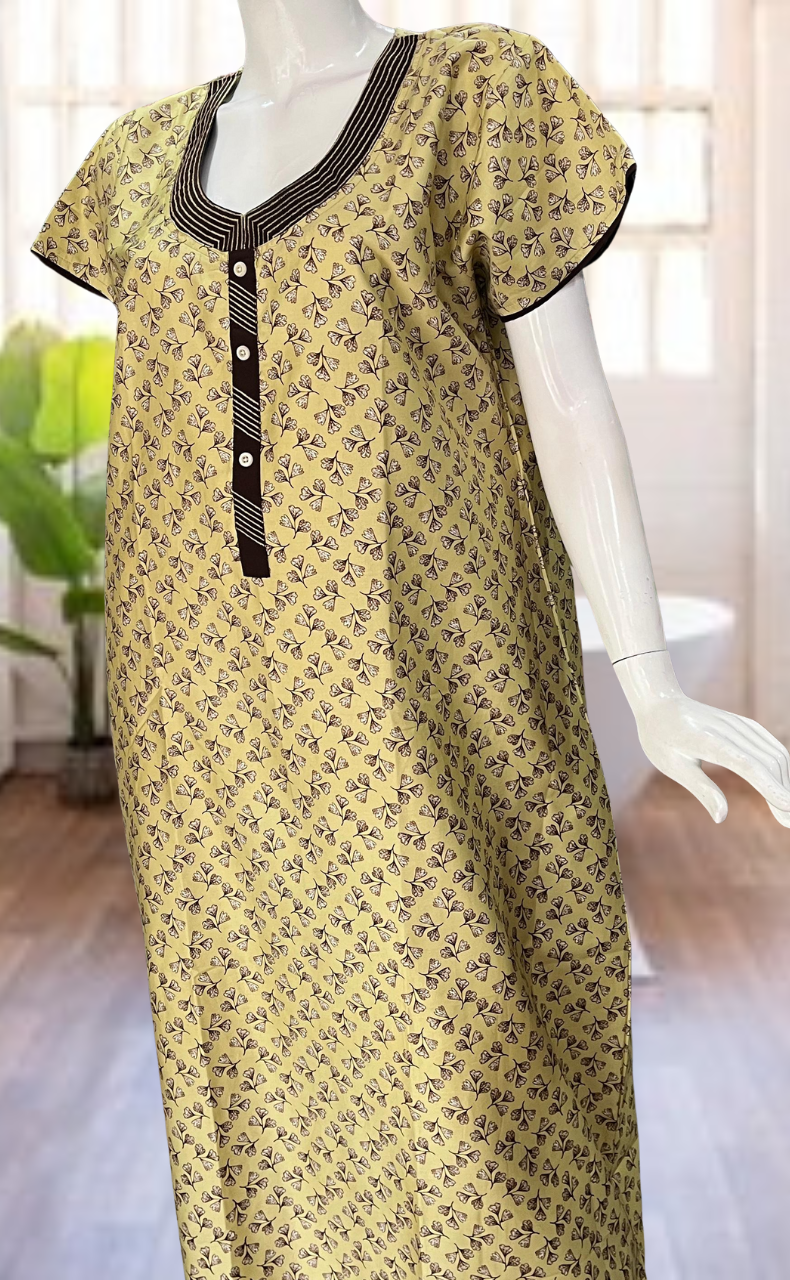 Beige Leaves Satin Nighty. Soft Silky Satin | Laces and Frills - Laces and Frills