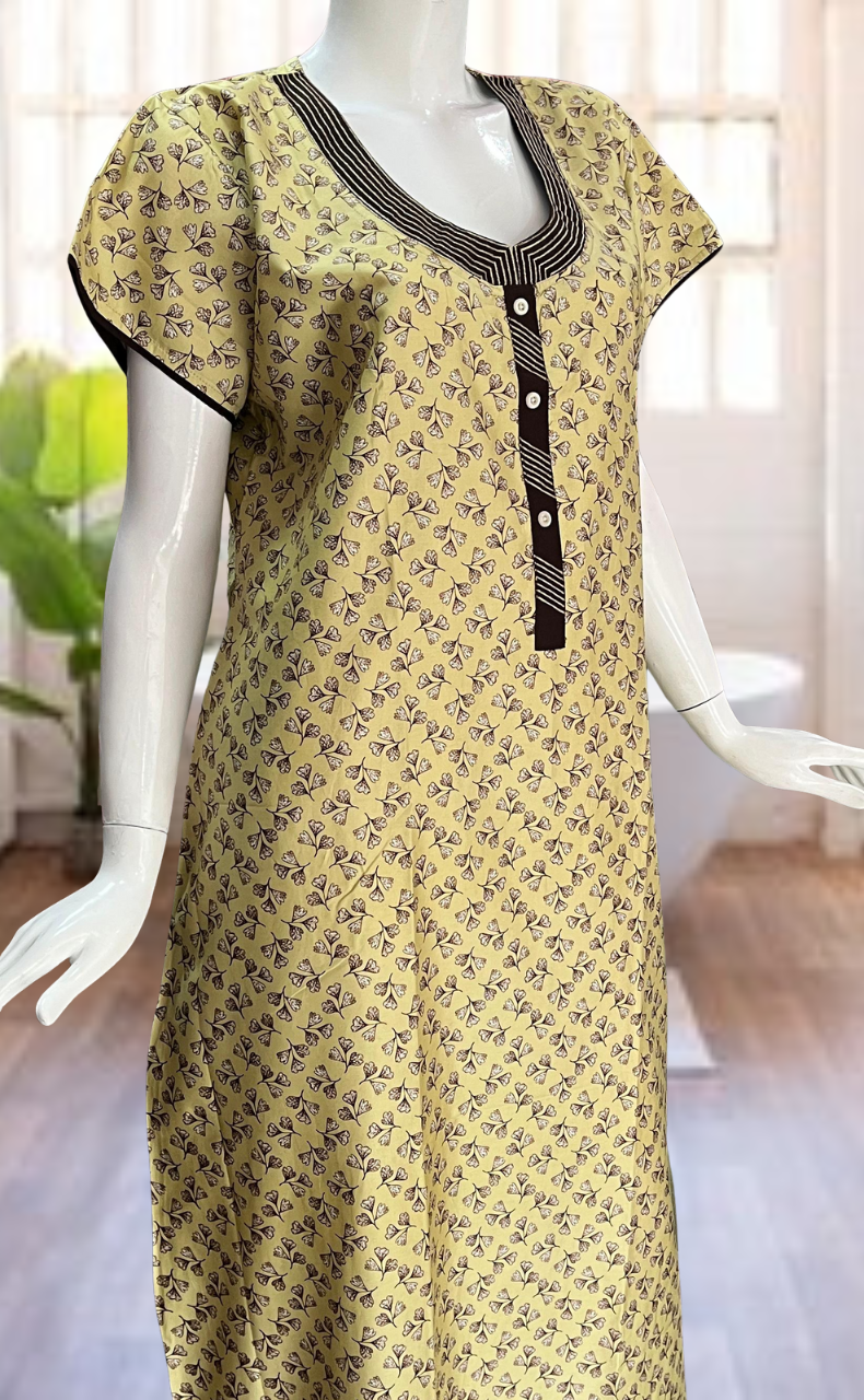 Beige Leaves Satin Nighty. Soft Silky Satin | Laces and Frills - Laces and Frills