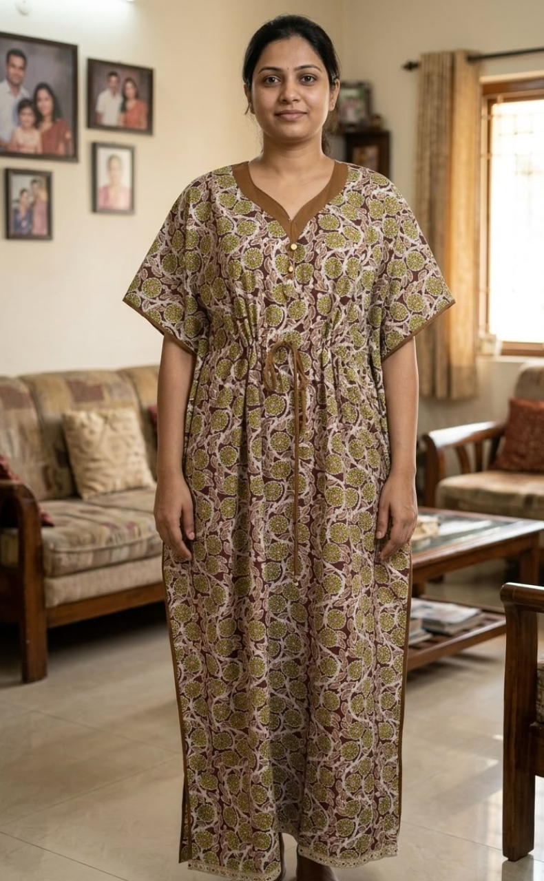 Brown/Green Flora Pure Cotton Kaftan .Pure Durable Cotton | Laces and Frills