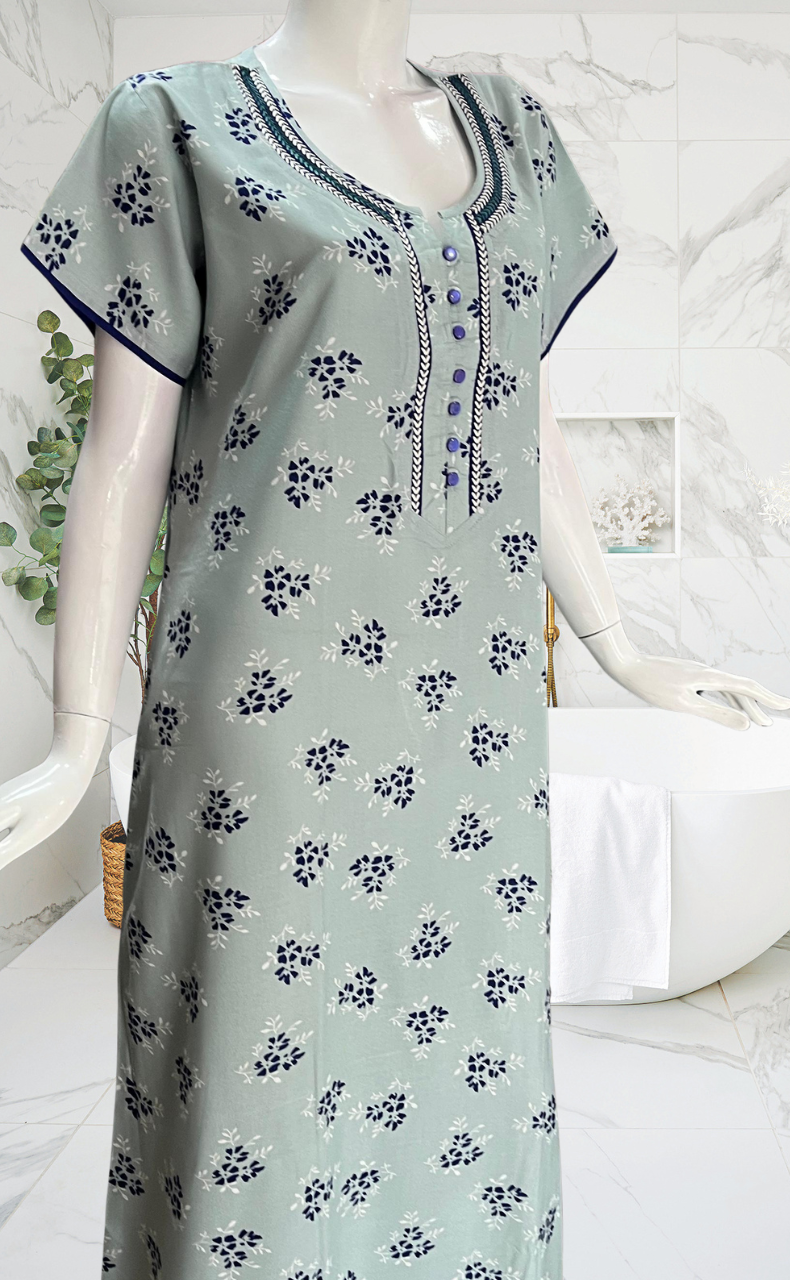 Light Green Floral Spun Nighty. Flowy Spun Fabric | Laces and Frills - Laces and Frills