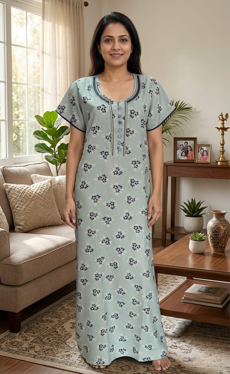 Light Green Floral Spun Nighty. Flowy Spun Fabric | Laces and Frills